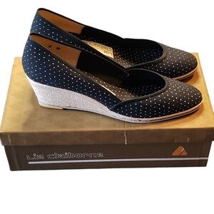 Vintage Liz Claiborne Fabric Navy Blue Polka Dot Wedge Heels Size 8M